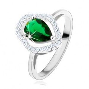 Strieborný prsteň 925, zelená zirkónová kvapka, číry ligotavý obrys - Veľkosť: 51 mm