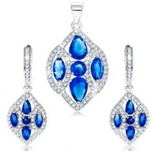 Šperky eshop - Strieborný set 925 - náušnice a prívesok, zrnko s čírymi a modrými zirkónmi S19.17