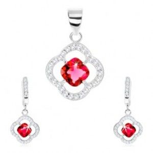 Šperky eshop - Strieborný set 925, prívesok a náušnice, kontúra kvietku, červený zirkón SP77.03