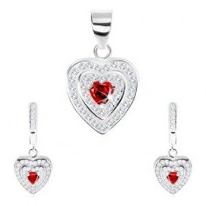 Šperky eshop - Strieborný set 925, prívesok a náušnice, zirkónové srdce, dvojitý ligotavý lem SP77.17