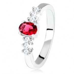 Strieborný zásnubný prsteň 925, oválny červený kamienok, číre zirkóny - Veľkosť: 52 mm