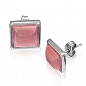 Šperky eshop - Štvorcové náušnice z ocele s ružovkastým kameňom v objímke AA9.14