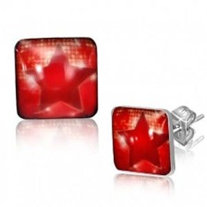 Šperky eshop - Štvorcové oceľové náušnice - červená hviezda AA35.03