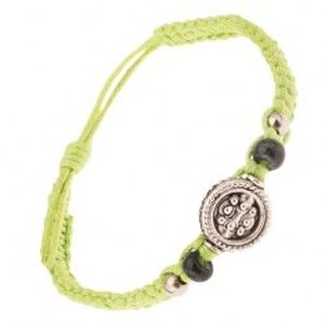Šperky eshop - Svetlozelený zapletaný šnúrkový náramok, kruhová známka s guličkami S13.19
