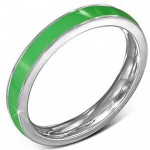Šperky eshop - Tenký oceľový prsteň - obrúčka, zelený pruh, okraj striebornej farby J1.17 - Veľkosť: 60 mm