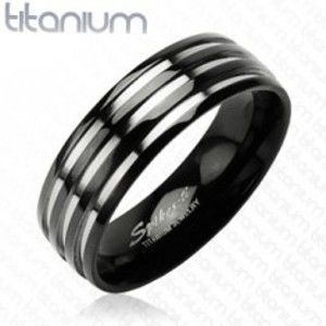 Šperky eshop - Titánová obrúčka - s troma  pruhmi striebornej farby, čierny D8.4 - Veľkosť: 62 mm