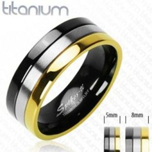 Šperky eshop - Titánové obrúčky s pruhom v ónyxovej, striebornej a zlatej farbe D17.9 - Veľkosť: 54 mm