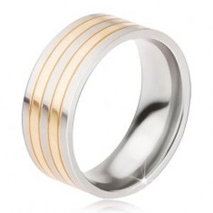 Šperky eshop - Titánový prsteň - lesklá obrúčka strieborno-zlatej farby, striedajúce sa pásy BB17.07 - Veľkosť: 57 mm