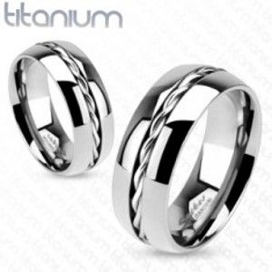 Šperky eshop - Titánový prsteň - obrúčka striebornej farby, točený drôtik uprostred L7.02 - Veľkosť: 64 mm