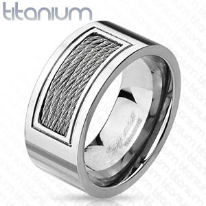 Titánový prsteň - obrúčka v striebornom prevedení zdobená kovovými drôtikmi, 10 mm - Veľkosť: 60 mm