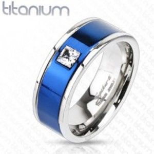 Šperky eshop - Titánový prsteň s modrým pruhom a štvorcovým zirkónom K17.3/K17.4 - Veľkosť: 65 mm
