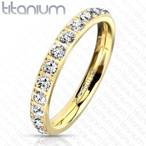 Titánový prsteň v zlatom odtieni - trblietavé zirkóniky čírej farby, 3 mm - Veľkosť: 48 mm