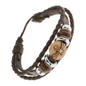 Šperky eshop - Tmavohnedý kožený náramok, korálky, kruh s ľaliovým krížom mosadznej farby Y47.14