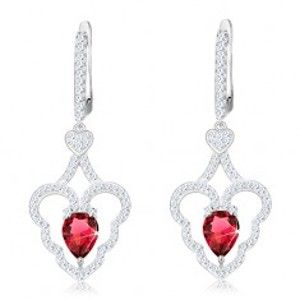 Šperky eshop - Trblietavé náušnice, striebro 925, zvlnený obrys srdca, ružová kvapka S25.31