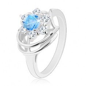 Šperky eshop - Trblietavý prsteň, modro-číry zirkónový kvietok, lesklé oblúky G02.15 - Veľkosť: 50 mm