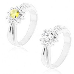 Šperky eshop - Trblietavý prsteň s podlhovastými zárezmi, brúsený kvet z okrúhlych zirkónov H2.13/14 - Veľkosť: 60 mm, Farba: Číra