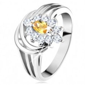 Šperky eshop - Trblietavý prsteň s rozdelenými ramenami, zrnkový zirkón v žltej farbe, číry lem G09.07 - Veľkosť: 55 mm