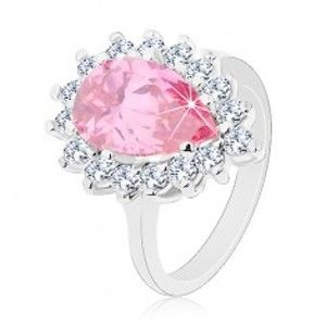 Šperky eshop - Trblietavý prsteň s úzkymi ramenami, ružová zirkónová slza, okrúhle zirkóniky G02.03 - Veľkosť: 57 mm