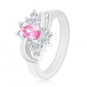 Šperky eshop - Trblietavý prsteň so striebornou farbou a s ružovým oválom, číre zirkóniky, oblúky G15.31 - Veľkosť: 50 mm