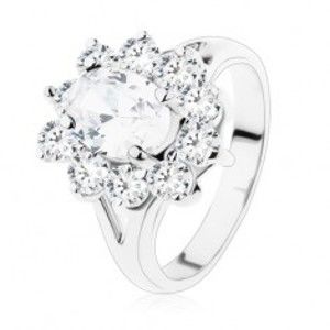 Šperky eshop - Trblietavý prsteň so striebornou farbou, rozdvojené ramená a číre zirkóny V05.03 - Veľkosť: 57 mm