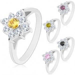 Šperky eshop - Trblietavý prsteň so zúženými ramenami, číry štvorček s farebným stredom R30.6 - Veľkosť: 54 mm, Farba: Ružová