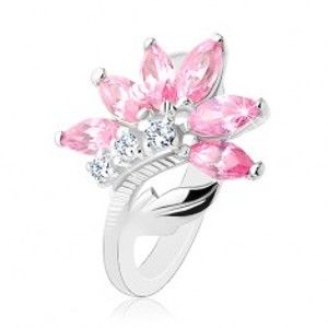 Šperky eshop - Trblietavý prsteň striebornej farby, ružovo-číry zirkónový kvet, lesklý list R32.3 - Veľkosť: 54 mm