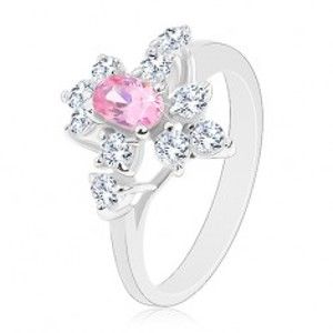 Šperky eshop - Trblietavý prsteň v striebornej farbe, ružový ovál, číre zirkóniky G06.05 - Veľkosť: 52 mm
