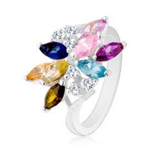 Šperky eshop - Trblietavý prsteň v striebornom odtieni, farebný kvet - zirkónové zrniečka S18.15 - Veľkosť: 54 mm