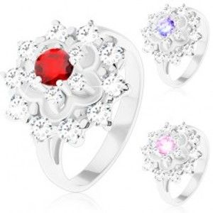 Šperky eshop - Trblietavý prsteň v striebornom odtieni, kontúra kvetu, okrúhle zirkóny V10.07 - Veľkosť: 52 mm, Farba: Svetlofialová