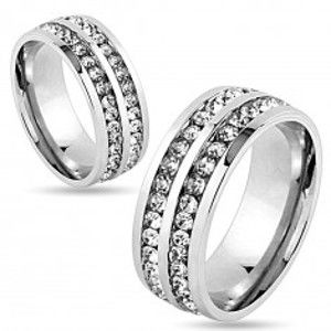 Šperky eshop - Trblietavý prsteň z chirurgickej ocele, strieborná farba, dve línie čírych zirkónov, 8 mm HH17.3 - Veľkosť: 70 mm