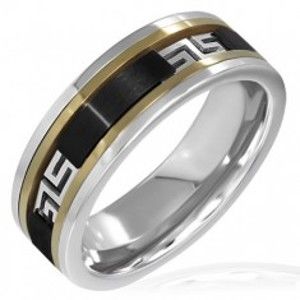 Šperky eshop - Trojfarebný prsteň - čierny pás, grécky vzor F7.20 - Veľkosť: 62 mm