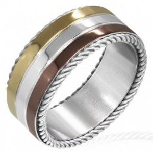 Šperky eshop - Trojfarebný prsteň z ocele - točené lanko na okraji F7.18 - Veľkosť: 55 mm