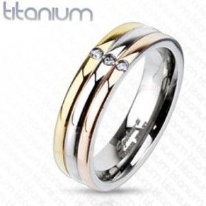 Trojfarebný titánový prsteň so zirkónmi - Veľkosť: 55 mm