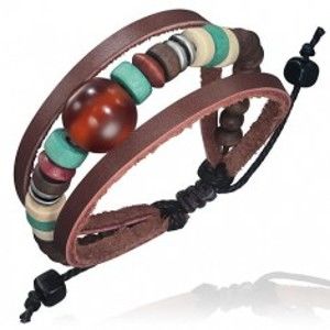Šperky eshop - Trojitý kožený náramok - kožené pásy, šnúrka, guľka  S13.14