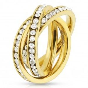 Šperky eshop - Trojitý prsteň z ocele 316L zlatej farby, obruče s okrúhlymi čírymi zirkónmi M05.31 - Veľkosť: 50 mm