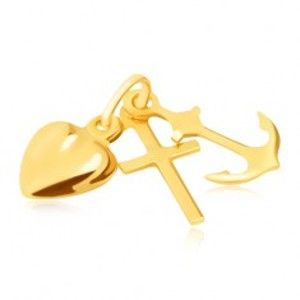 Šperky eshop - Trojprívesok v žltom 14K zlate - kotva, srdce a kríž, lesklé a hladké GG05.24