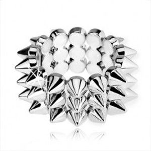Šperky eshop - Trojradový elastický náramok, lesklé ostne striebornej farby U28.03