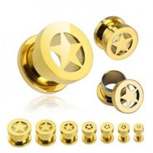 Šperky eshop - Tunel do ucha - hviezda v zlatej farbe F15.9 - Hrúbka: 8 mm