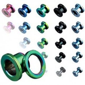 Šperky eshop - Tunel do ucha z titánu, anodizovaný, viac farebný so šrubovaním C11.12/AC1.02/AC1.03 - Hrúbka: 16 mm, Farba piercing: Zelená