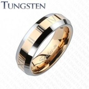 Šperky eshop - Tungstenová obrúčka - pás medenej farby s rímskymi číslami L8.08 - Veľkosť: 49 mm