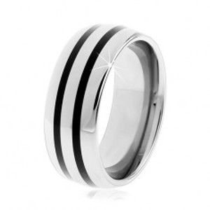 Šperky eshop - Tungstenový hladký prsteň, jemne vypuklý, lesklý povrch, dva čierne pruhy AB33.01 - Veľkosť: 59 mm