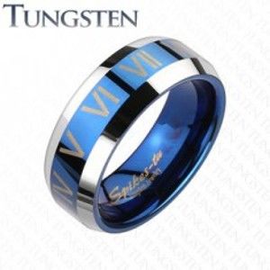 Šperky eshop - Tungstenový prsteň - modro striebornej farby, rímske čísla F2.5 - Veľkosť: 54 mm