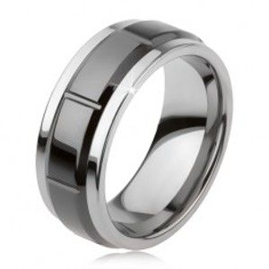 Šperky eshop - Tungstenový prsteň so zárezmi, strieborná farba, lesklý čierny povrch AB34.11 - Veľkosť: 59 mm