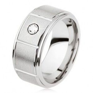 Šperky eshop - Tungstenový prsteň striebornej farby so zárezmi, matný sivý povrch, zirkón AB34.06 - Veľkosť: 62 mm