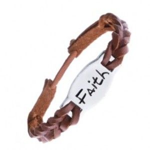 Šperky eshop - Úzky pletený náramok z kože - karamelový, známka "FAITH" Z12.15