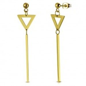Šperky eshop - Visiace náušnice zlatej farby z ocele - guľôčka, trojuholník a palička W24.24
