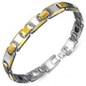 Šperky eshop - Wolfrámový magnetický náramok, články so skosenými okrajmi zlatej farby V03.10