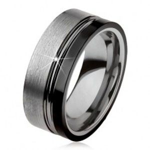 Šperky eshop - Wolfrámový prsteň, dva zárezy, oceľovosivá a čierna farba, lesklo-matný povrch AB34.02 - Veľkosť: 51 mm
