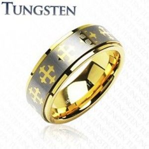 Šperky eshop - Wolfrámový prsteň s krížikmi a  pásom striebornej farby K17.16 - Veľkosť: 70 mm