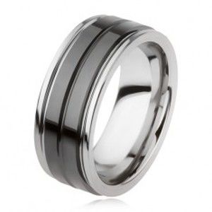 Šperky eshop - Wolfrámový prsteň s lesklým čiernym povrchom a zárezom, strieborná farba AB34.03 - Veľkosť: 54 mm
